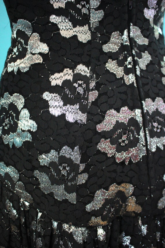 80's Prom Dress 1980's Black And Silver Floral La… - image 7