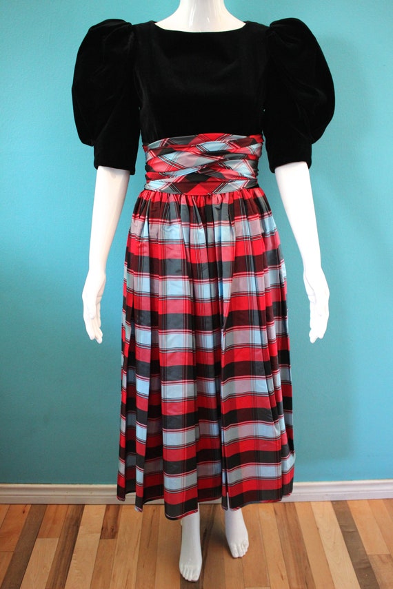 80's Prom Dress 80's Black Velour And Plaid Taffe… - image 2