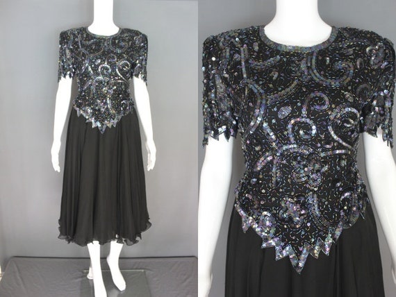 80's Party Dress 80's Black Beaded And Sequined