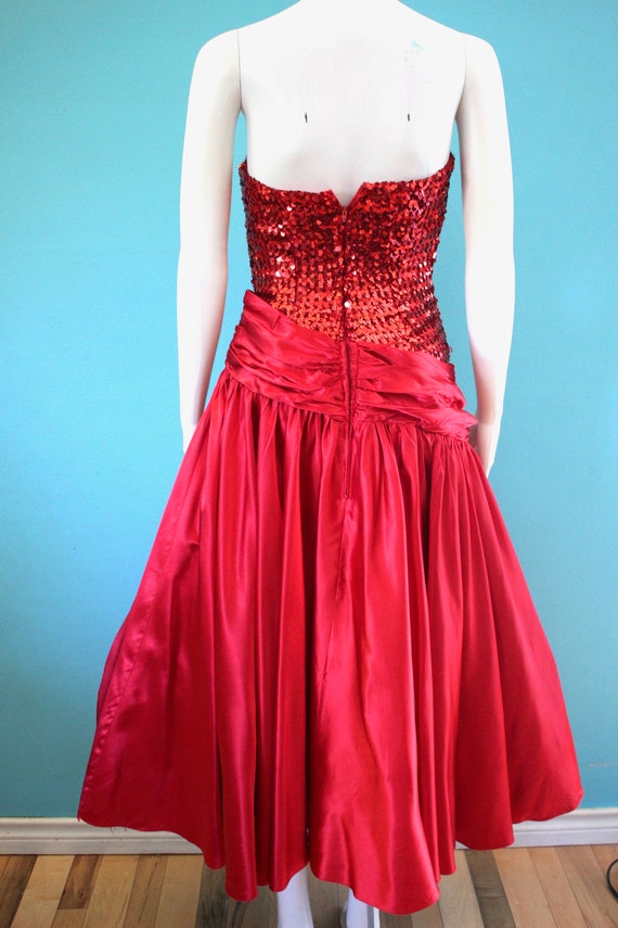 80's Prom Dress 1980's Cherry Red Strapless Sequi… - image 6