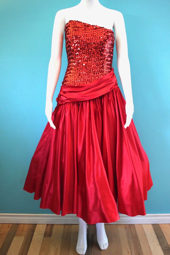 80's Prom Dress 1980's Cherry Red Strapless Sequi… - image 2