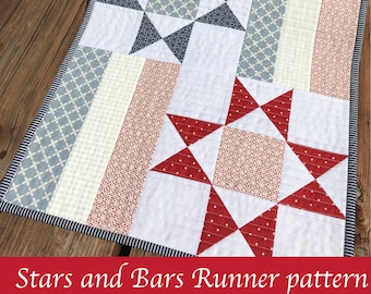 Digitaal PDF-patroon: Stars and Bars Runner Quilt Patroon-yardage, fat quarter, restjes tafelloper quiltpatroon, sterren quiltpatroon