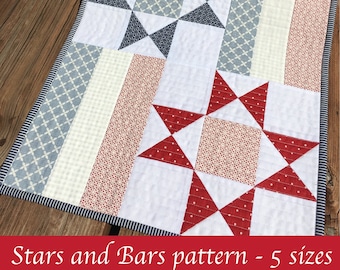 Digital PDF Pattern: Stars and Bars Quilt Pattern 5 sizes-yardage fat quarter scrap quilt pattern, star quilt pattern