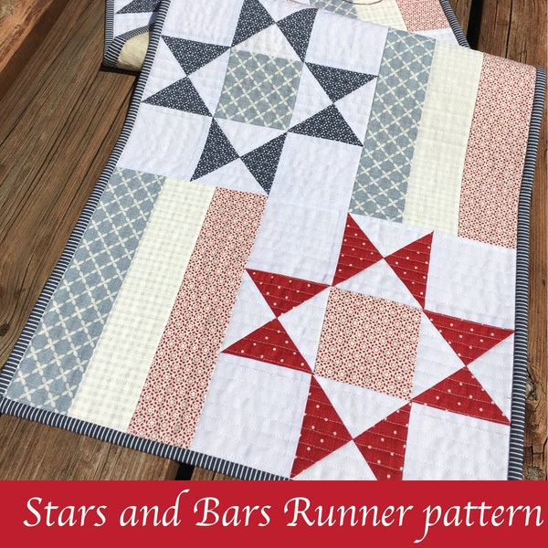 Digital PDF Pattern: Stars and Bars Runner Quilt Pattern-yardage, fat quarter, scraps table runner quilt pattern, stars quilt pattern