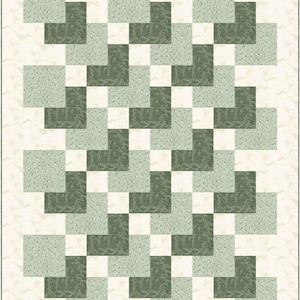 May include: A quilt with a repeating pattern of interlocking blocks in shades of green and white. The blocks are arranged in a staggered, geometric design. Some blocks have a small floral pattern, while others are solid.