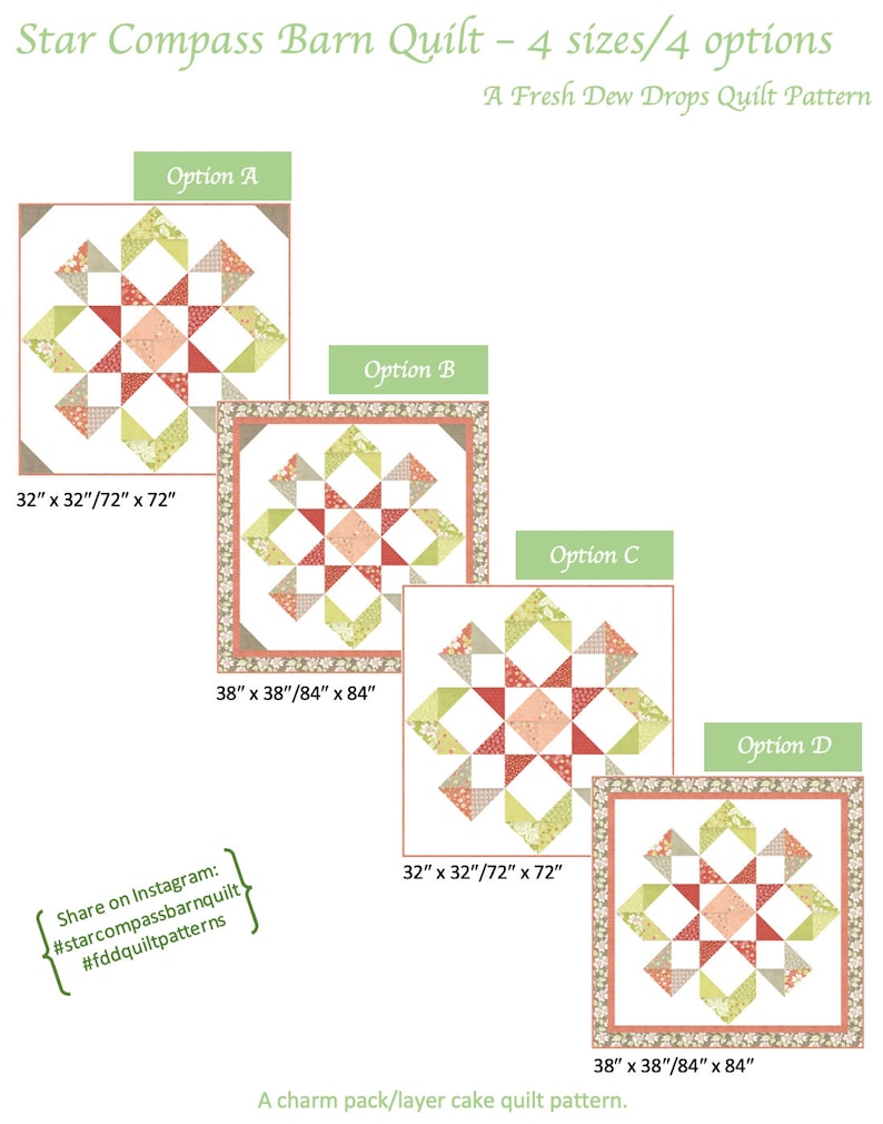 Digital PDF Pattern: Star Compass Barn Quilt pattern charm pack quilt pattern, layer cake quilt pattern, simple precut pdf quilt pattern image 9