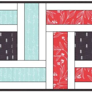 K&ouml;nnte beinhalten: Ein Quiltblockmuster mit einer Vielzahl von Stoffen. Der Block besteht aus roten, wei&szlig;en, schwarzen, gr&uuml;nen und blauen Stoffen. Die Stoffe haben verschiedene Muster, darunter Blumen, Punkte und geometrische Muster.