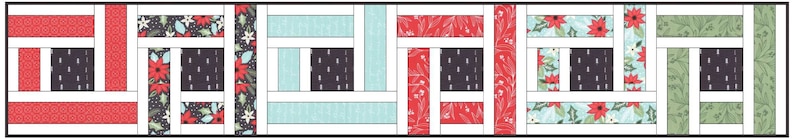K&ouml;nnte beinhalten: Ein Quiltblockmuster mit einer Vielzahl von Stoffen. Der Block besteht aus roten, wei&szlig;en, schwarzen, gr&uuml;nen und blauen Stoffen. Die Stoffe haben verschiedene Muster, darunter Blumen, Punkte und geometrische Muster.