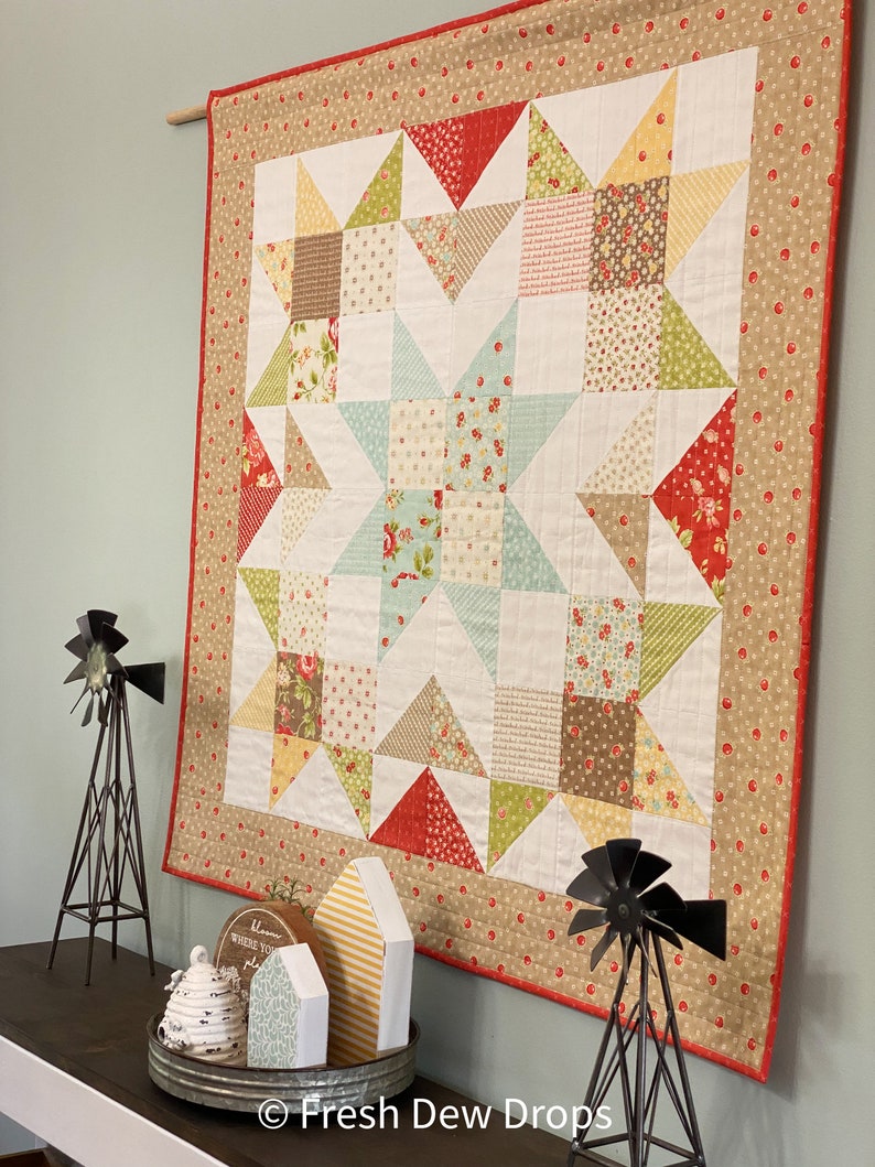 DIGITAL PDF PATTERN: Charming Barn Star in 3 sizes mini charm pack layer cake star quilt pattern, simple easy precut pdf quilt pattern image 2