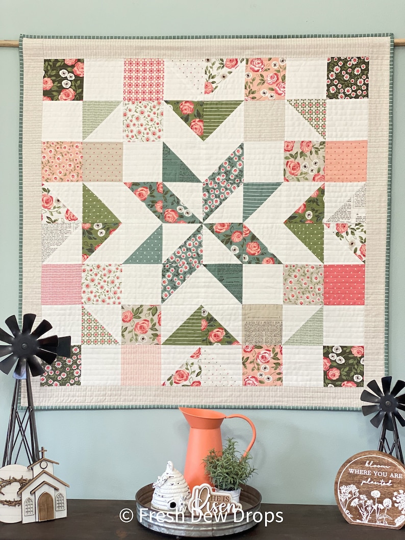 DIGITAL PDF PATTERN: A Charming Barn Quilt in 3 sizes mini charm pack layer cake quilt pattern, simple easy precut pdf quilt pattern image 1