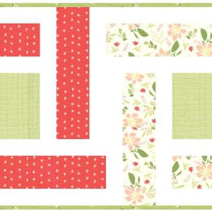 K&ouml;nnte beinhalten: Ein farbenfrohes Quiltmuster mit einem sich wiederholenden Muster aus Quadraten und Rechtecken. Das Muster zeigt ein florales Design in Gr&uuml;n, Wei&szlig; und Rot, ein rot-wei&szlig;es geometrisches Muster, ein gelb-wei&szlig;es geometrisches Muster und ein orange-wei&szlig;es geometrisches Muster.