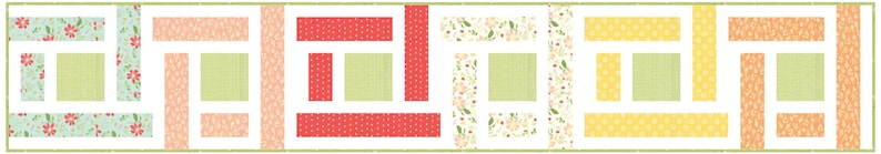 K&ouml;nnte beinhalten: Ein farbenfrohes Quiltmuster mit einem sich wiederholenden Muster aus Quadraten und Rechtecken. Das Muster zeigt ein florales Design in Gr&uuml;n, Wei&szlig; und Rot, ein rot-wei&szlig;es geometrisches Muster, ein gelb-wei&szlig;es geometrisches Muster und ein orange-wei&szlig;es geometrisches Muster.