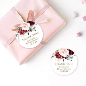Thank You Favor Tag or Label Template, Printable Bridal Shower Favor Tags, Editable, Burgundy, Blush, Pink, Floral, Circle, VWC83, VWT14