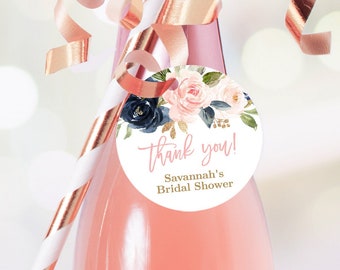 Navy and Blush Round Favor Tags, Printable Bridal Shower Thank You Circle Favor Tag Template, Editable, Pink, Floral, Gold, VWC78