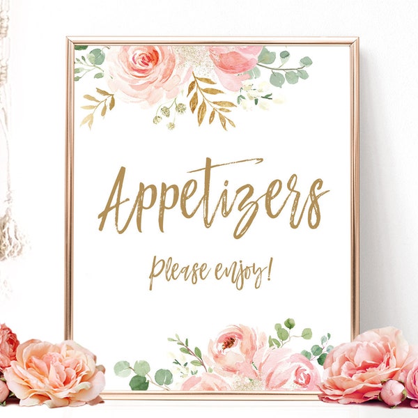 Appetizers Sign, Printable Appetizers  Sign, Bridal Shower Sign, 8x10, Blush Pink Floral, Gold, VWC95