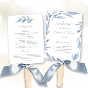 Dusty Blue Leaves Wedding Fan Program, Printable Program Template, Editable, Slate Blue, Grey, Gray, VWT12