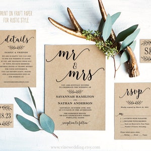 Wedding Invitation Set, Rustic Wedding Invitation, Printable Wedding Invitation Template, Editable Text, Modern Calligraphy, Mr Mrs, VWC88