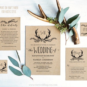 Editable Rustic Wedding Invitation Set, Printable Wedding Invitation Template, Bundle, RSVP, DIY, Kraft, DIY, Antler, VW19