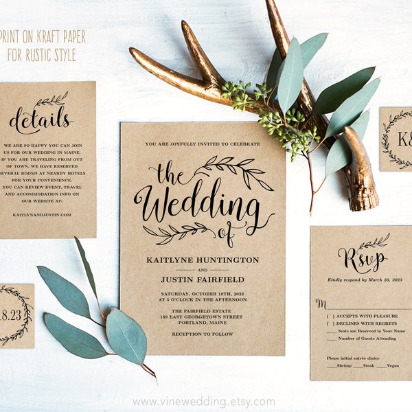 Vintage Wedding Invitation Set, Editable Wedding Invitation Template, Bundle, Rustic Wedding Invitation, Printable, Kraft, DIY, VW01