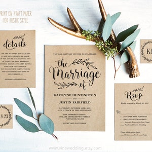 Rustic Wedding invitation Bundle, Printable Wedding Invitation Template, Kraft Paper, Traditional Marriage Invitation, VW01