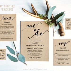 Rustic Wedding Invitation, Printable Wedding Invitation Template, Wedding Invitation Set, Editable Text, Kraft, DIY, We Do, VWC88