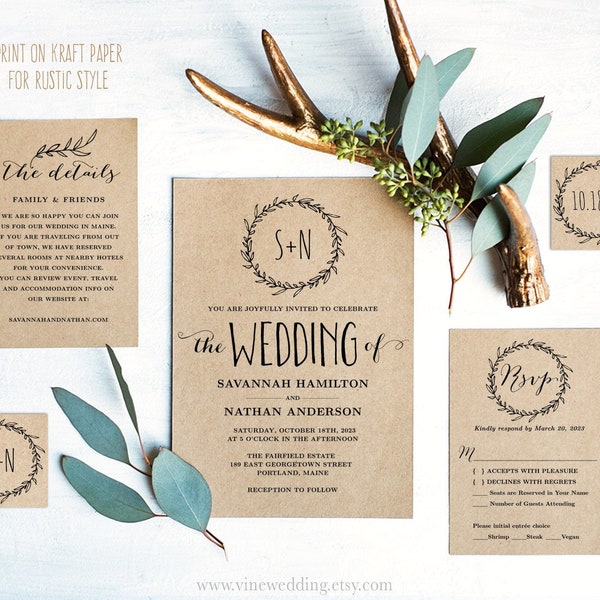 Rustic Wedding Invitation, Classic Wreath Wedding Invitation Template, Kraft Wedding Invitations, DIY Wedding Invites, Editable Text, VW06