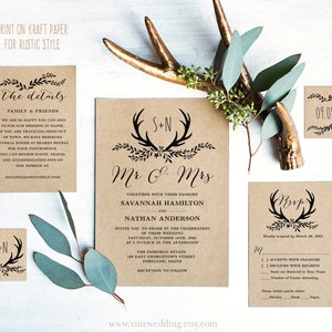 Editable Rustic Wedding Invitation Template, Printable Rustic Wedding Invitation Set, DIY, Mr & Mrs, Antler, Kraft Invitation, VW19