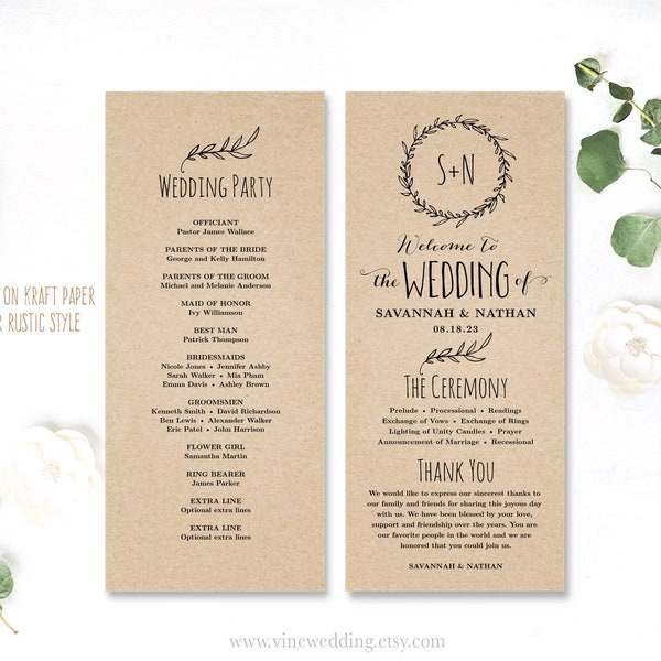Printable Wedding Programs, DIY Wedding Programs, Simple Wedding Program, Wedding Program Template, Tea Length, Classic Wreath VW06