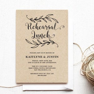 Printable Rehearsal Lunch Invitation Card Template, Rustic Rehearsal Lunch Card, Editable, Kraft, Vintage, VW01