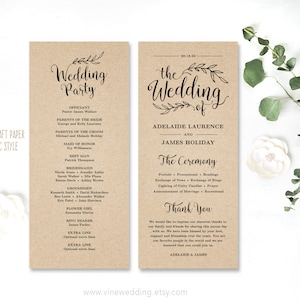 Wedding Programs, Printable Wedding Program Template, Kraft Paper Program, DIY Wedding Program, Tea Length, Vintage Wedding, VW01