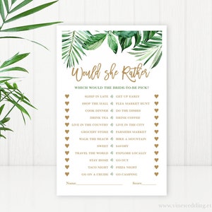 Would She Rather Game, Bridal Shower Game, Who Knows the Bride Best, Printable Bridal Party Games, Tropical Greenery, Palm Leaves, VWC81