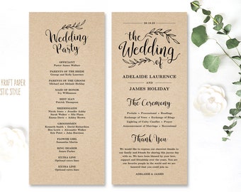 Wedding Programs, Printable Wedding Program Template, Kraft Paper Program, DIY Wedding Program, Tea Length, Vintage Wedding, VW01