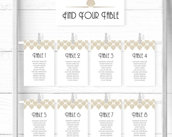 Art Deco Wedding Seating Chart, Editable Wedding Seating Chart Cards Template, Printable, 5x7 or 4x6, Gatsby, Gold, Shell, VW46