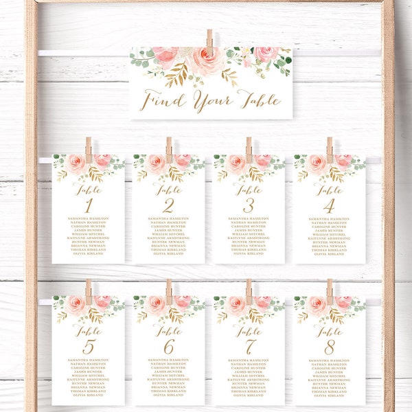 Blush Pink Floral Wedding Seating Chart Template, Header Signs and Table Signs, Printable Wedding Table Chart, VWC94