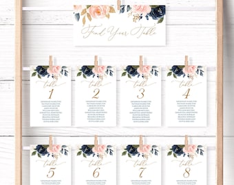 Wedding Seating Chart, Printable Wedding Seating Chart Template, Editable, 4x6, 5x7, Navy Blue and Pink Floral, Blue, Blush, VWT13