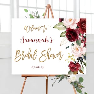 Burgundy Pink Floral Bridal Shower Welcome Sign, Printable Bridal Shower Sign Template, Editable Welcome Sign, Blush and Burgundy, VWC83