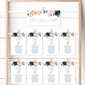 Wedding Seating Chart, Printable Wedding Seating Chart Template, Editable, 4x6, 5x7, Navy Blue and Pink Floral, Blue, Blush, VWT13 image 1