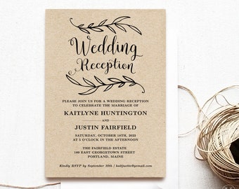 Wedding Reception Invitation Template, Rustic Wedding Reception Invitation Card, Kraft, Vintage, VW01