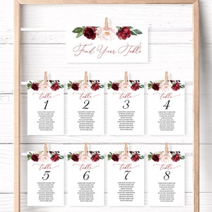 Burgundy Pink Floral Seating Chart Cards, Printable Wedding Seating Chart Template, Editable, 4x6, 5x7, Fall, Plum, Blush, VWT14