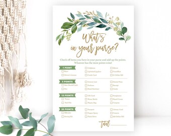 May include: A printable game card with a green floral design and gold text. The card is titled "What's in your purse?" and has a list of items with points assigned to each. The game is designed to be played at a party or gathering.