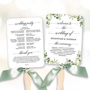 Rustic Greenery Wedding Fan Program, Printable Wedding Fan Program Template, Fan Wedding Programs, DIY Wedding Programs, VWC86 image 1