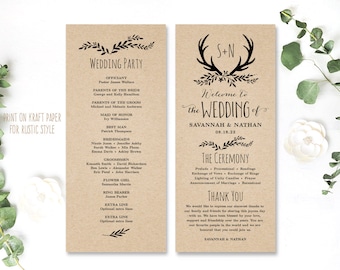 Editable Rustic Antler Wedding Program, Printable Wedding Program Template, Tall, Kraft, DIY, Floral Antler, VW19