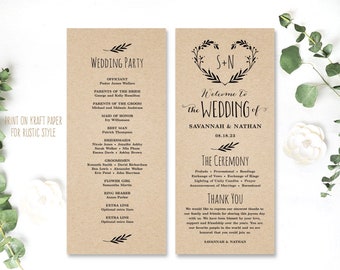 Heart wreath wedding program template, Editable Wedding Program, DIY wedding program, Printable Text, Tea Length, Kraft, Rustic, VW08