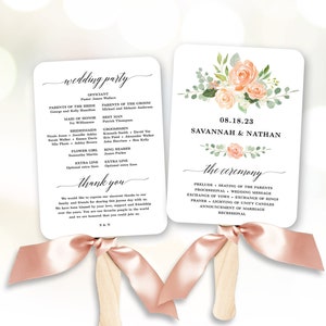Peach Floral Wedding Program Fan Template, Printable Fan Wedding Programs, DIY Wedding Fans, Editable text, Peach Blush, VWC85 image 1