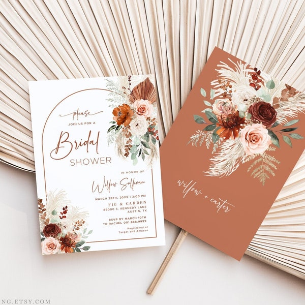 Editable Bridal Shower Invitation Template, Pampas & Floral, Printable, Boho, Arch, Palm Leaf, Rust, Burnt Orange, Terracotta, VWC71