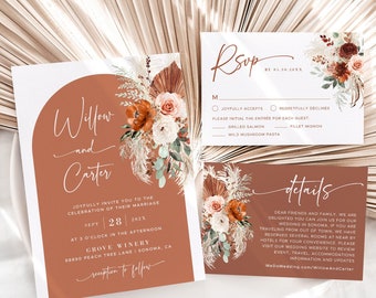 Boho Wedding Invitation Set, Editable Wedding Invitation Bundle, Printable, Terracotta, Rust Orange, Pampas, Boho, Palm, Floral, VWC72