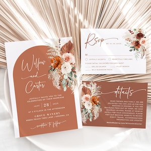 Boho Wedding Invitation Set, Editable Wedding Invitation Bundle, Printable, Terracotta, Rust Orange, Pampas, Boho, Palm, Floral, VWC72