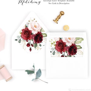 Burgundy Pink Floral Envelope Liners, Printable Envelope Liner Template, 10 Sizes, Euro Flap, Square Flap, VWT14m VWC83