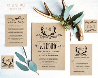 Editable Rustic Wedding Invitation Set, Printable Wedding Invitation Template, Bundle, RSVP, DIY, Kraft, DIY, Antler, VW19