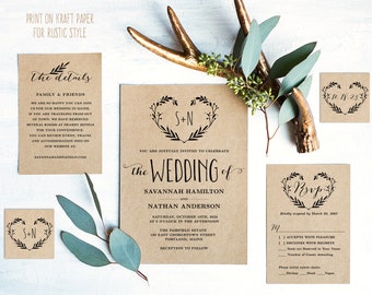 Rustic Wedding Invitation Set, Printable Wedding Invitation Template, DIY Kraft Wedding Invitation download, Floral Heart Wreath, VW08